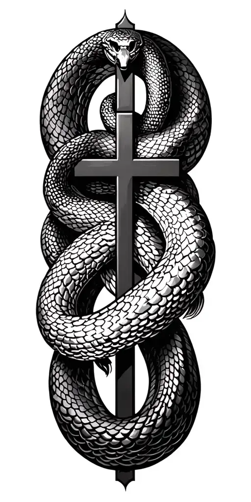 Vector elongated snake silhouette snake bodies wrapped around crucifix dark blackwork gothic tattoo design idea
