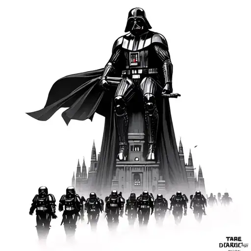 Darth Vader sitting above the eye of sauron tower with deathtroopers and dark riders walking away from the tower tattoo design idea