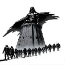 Darth Vader sitting above the eye of sauron tower with deathtroopers and dark riders walking away from the tower tattoo design idea