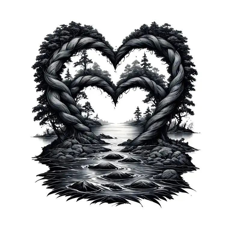 The words “looks like we made it” twisted around tiny islands in a stream in a love heart shape tattoo design idea