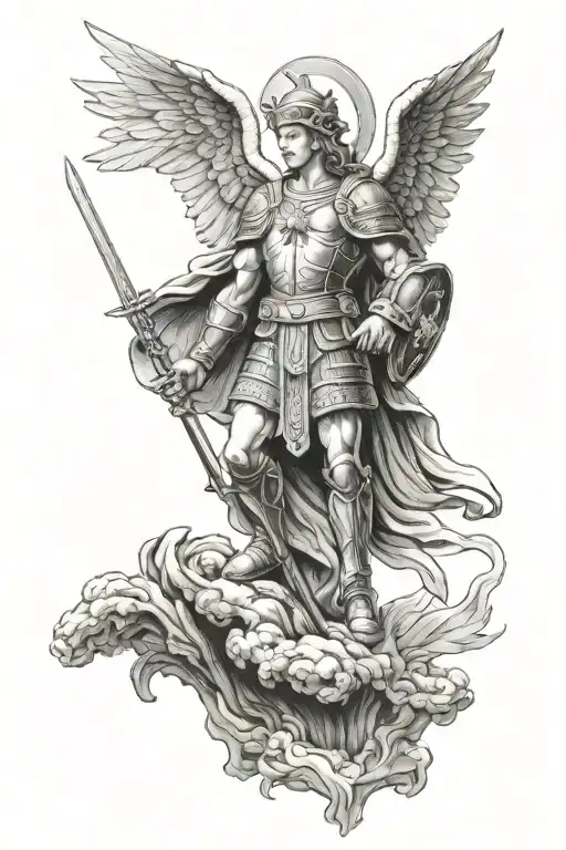 st Michael standing over soldier kneeling tattoo design idea
