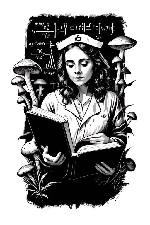 A black-grey tattoo of a nurse reading a book surrounded by Morel mushrooms and scientific equations tattoo design idea