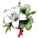 spider lily mistletoe with red ribbon four leaf clover tattoo design idea