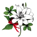 spider lily mistletoe with red ribbon four leaf clover tattoo design idea