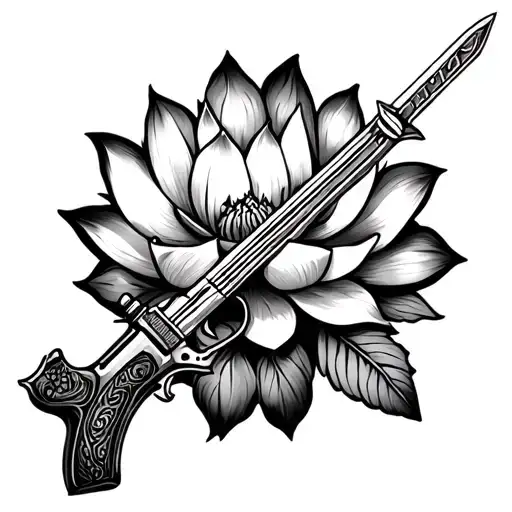 tumbi (a punjabi musical instrument), punjabi sword, 1911 gun, lotus. make somthing unique adding all these elements tattoo design idea