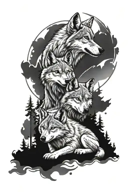 wolfs family with 3 cubs playing tattoo design idea