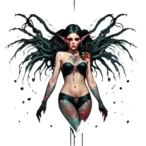 sexy girl, elf, dark, big boobs, full body tattoo design idea