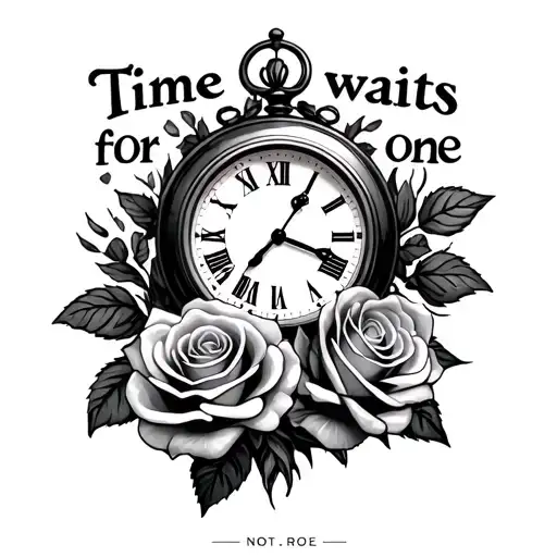 "Time waits for no one" roses with clock face tattoo design idea