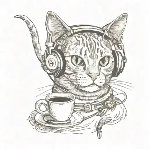 a exotic short hair cat wearing headphones with coffee tattoo design idea