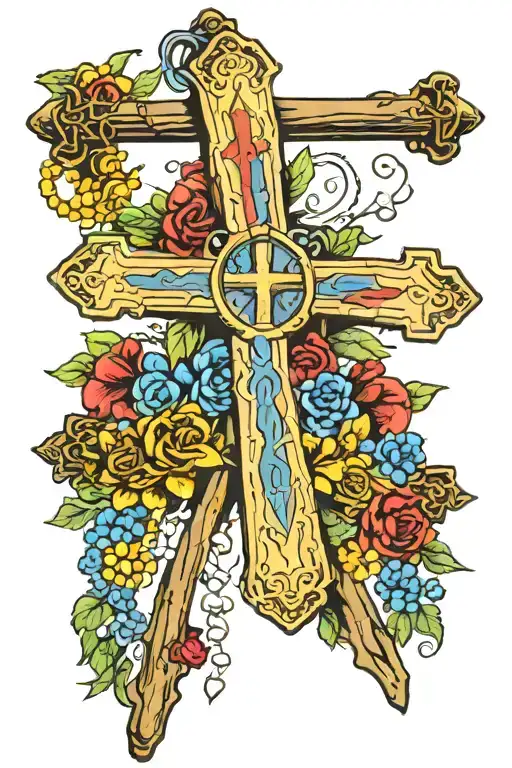 cross surrounded with colombian and equadorian flag with the bible verse philipians 4:13 and a rosary around the cross tattoo design idea