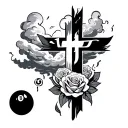 clouds surrounding cross with heaven falling into hell gambling 8ball roses and the number 1111 sleeve tattoo tattoo design idea
