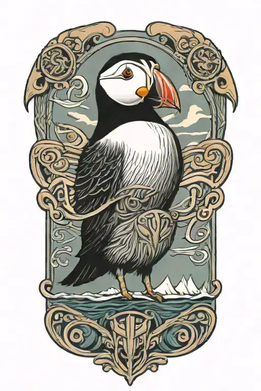 male puffin with an old scandinavian viking ship at sea tattoo design idea