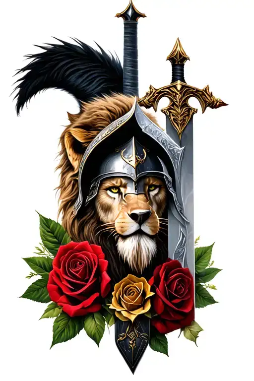 spartan warrior with sword, lion head, wolf head, roses intertwined tattoo design idea