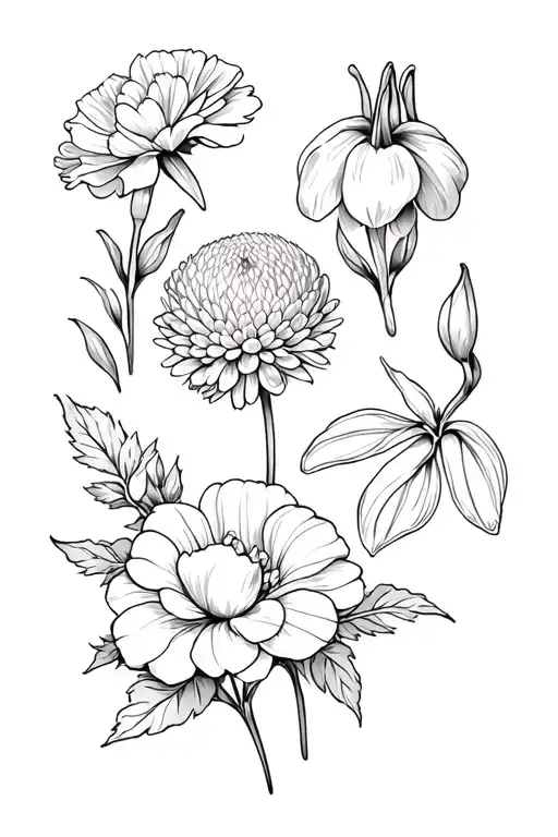 flowers including a carnation, a snowdrop, a chrysanthemum, a peony, and a morning glory  tattoo design idea