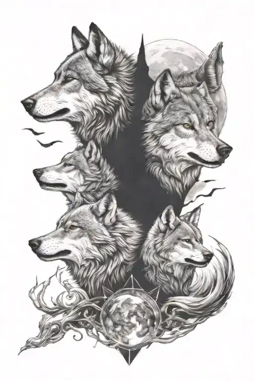 two adults wolves and 3 cubs full moon, dark side of the moon  tattoo design idea