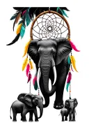 dream catcher with multicoloured yellow pink and red feathers elephant family with 7 baby elephants tattoo design idea