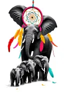dream catcher with multicoloured yellow pink and red feathers elephant family with 7 baby elephants tattoo design idea