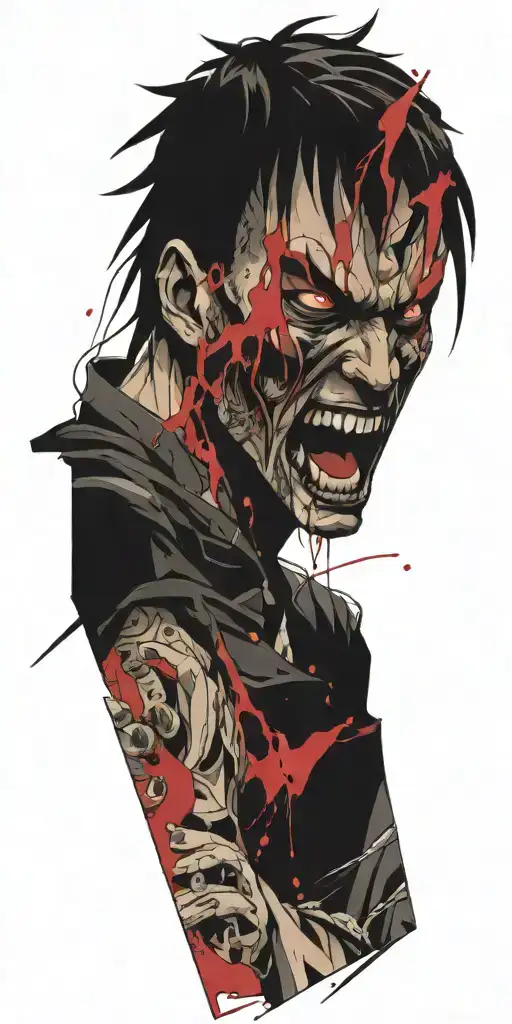 Anime character standing screaming wearing oni mask fighting off inner demons with miminmal black  tattoo design idea