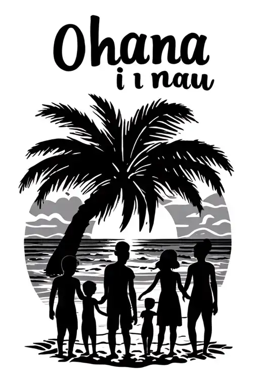 sunset at a beach with palm tree and silhoette of 2 adults and 3 kids with Ohana written i in the sand incorporate a nau tattoo design idea
