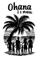sunset at a beach with palm tree and silhoette of 2 adults and 3 kids with Ohana written i in the sand incorporate a nau tattoo design idea