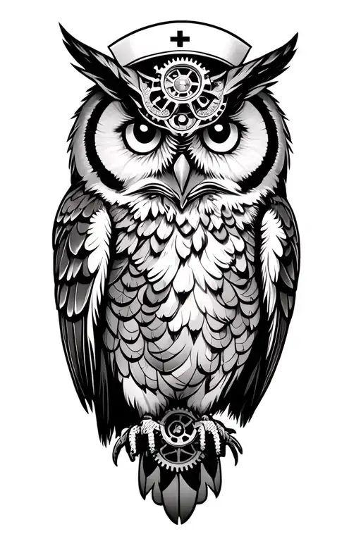 A realistic owl tattoo with steampunk elements like gears and cogs integrated into its feathers, showcasing the nurse's wisdom and nurturing spirit tattoo design idea