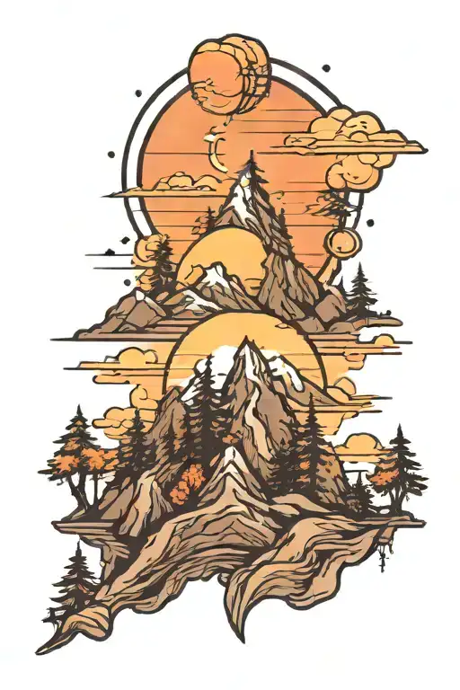 mountains, trees, sunset scene tattoo design idea