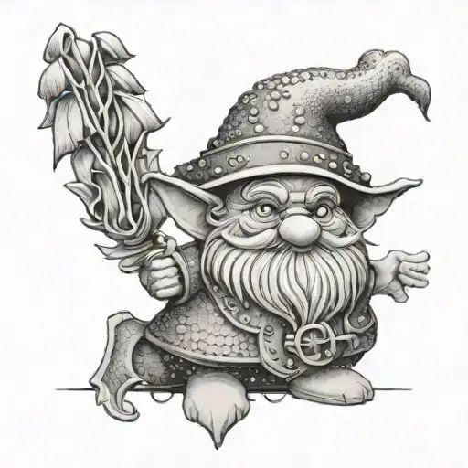 A detailed tattoo design based on the Polish 'Sisyphus Gnomes' sculpture. tattoo design idea