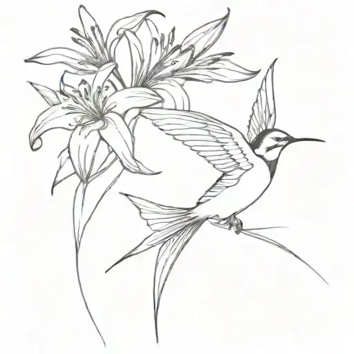 Swallow bird flying with tiger lilies blooming along single line tattoo design idea
