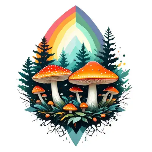 geometric forest and amanita mushrooms geometric mandala rainbow background black lines tattoo design idea