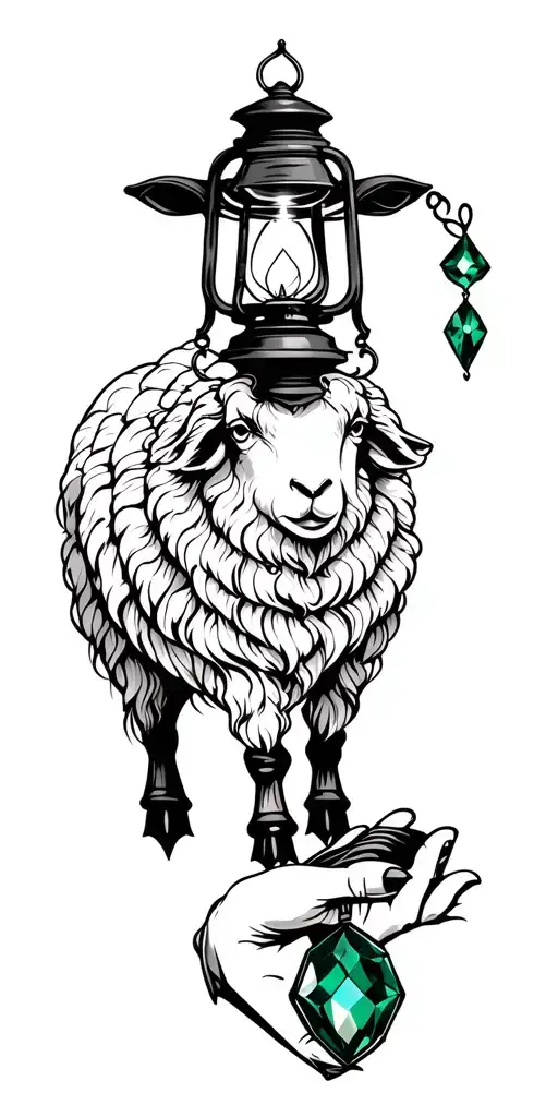 black sheep's head only, a lantern, a womans hand holding the lit lantern, her hand with a large emerald gemstone tattoo design idea