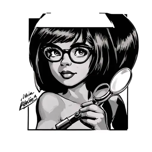 velma dinkley from scooby doo, full body, skirt, naked, topless, glasses, magnify glass in hand tattoo design idea