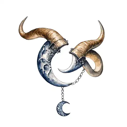 a pair of horns turned upwards with a silver chain with a moon shaped charm hanging between them.  tattoo design idea