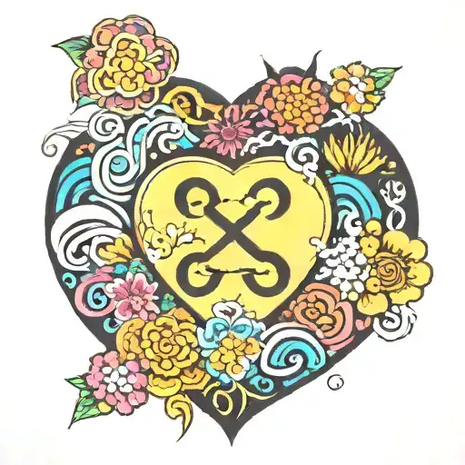 colorful infinity symbol with adoption symbol inside of a blooming heart with 2 names and 1 date tattoo design idea