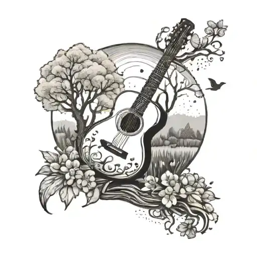 A dotwork tattoo of a peaceful meadow with a guitar resting against a tree, surrounded by blooming flowers and birds singing, capturing the essence of music and nature tattoo design idea