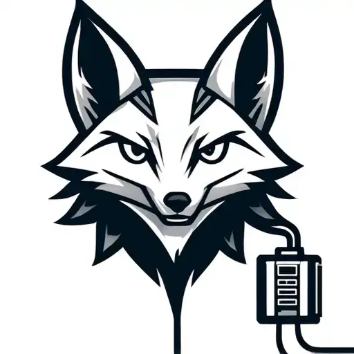 Mechanical fox head logo. Fox head is plugged into a battery. Low detail, simple design. tattoo design idea