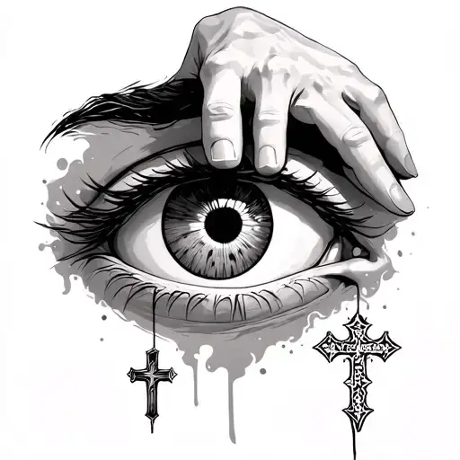 I want an eye with a hand coming out of the eye and then I want a cross incorporated with a bible verse tattoo design idea