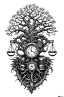 gothic tree of life intertwined with v-twin motor, libra scales and a clock tattoo design idea