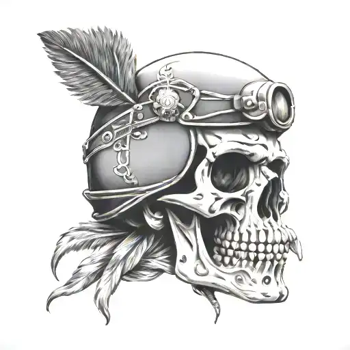 A skull wearing ww2 helmet adorned with intricate tattoo design idea