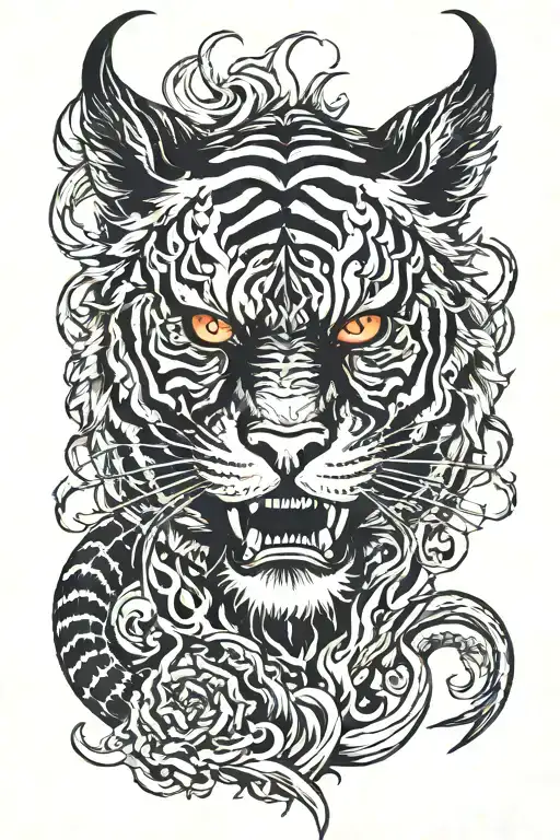 black tiger with  oni demon head and flames tattoo design idea