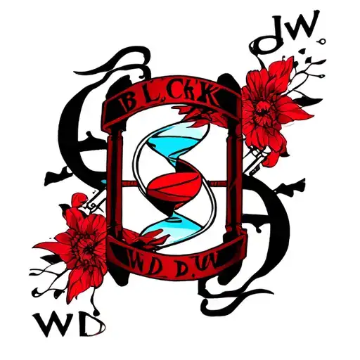 Chest tattoo words "Black Widow" written side by side with an hourglass in the middle tattoo design idea