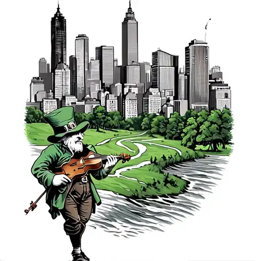 A tattoo of the Boston skyline with a leprechaun playing a fiddle and hiking trails winding through the city tattoo design idea