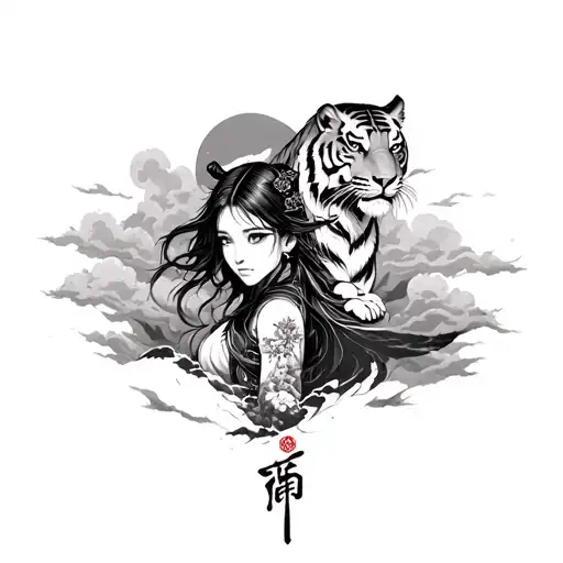 Sleeve in the Japanese style of realism and graphics, the forearm of the girl in Sakura, at the top of the samurai tiger against the backdrop of bloody clouds tattoo design idea