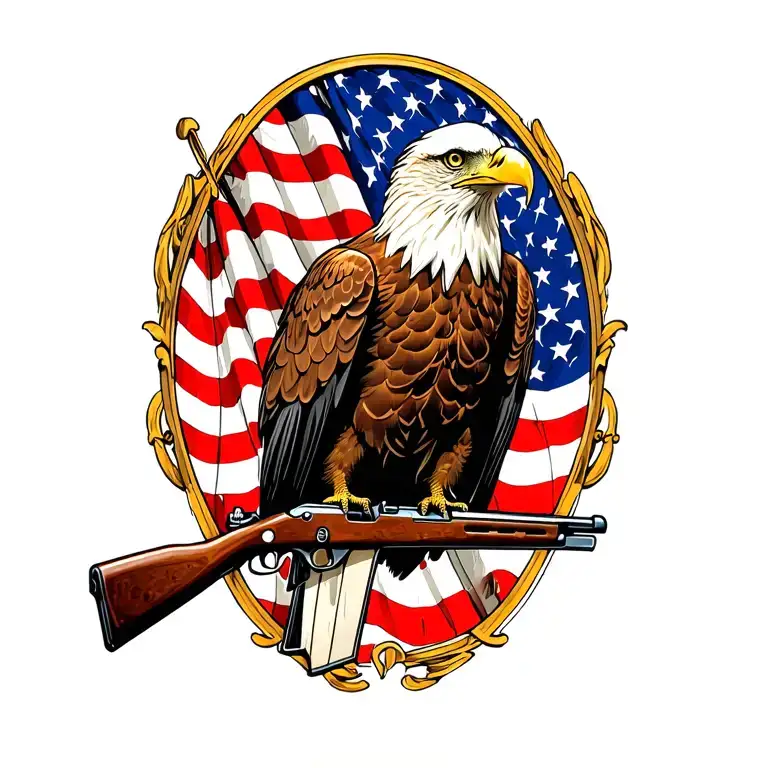 A patriotic bald eagle perched on a rifle with an American flag in the background tattoo design idea