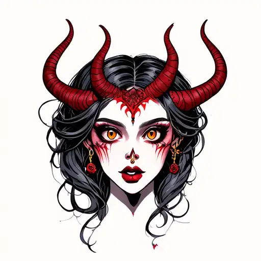 devil girl face with piercing eyes tattoo design idea