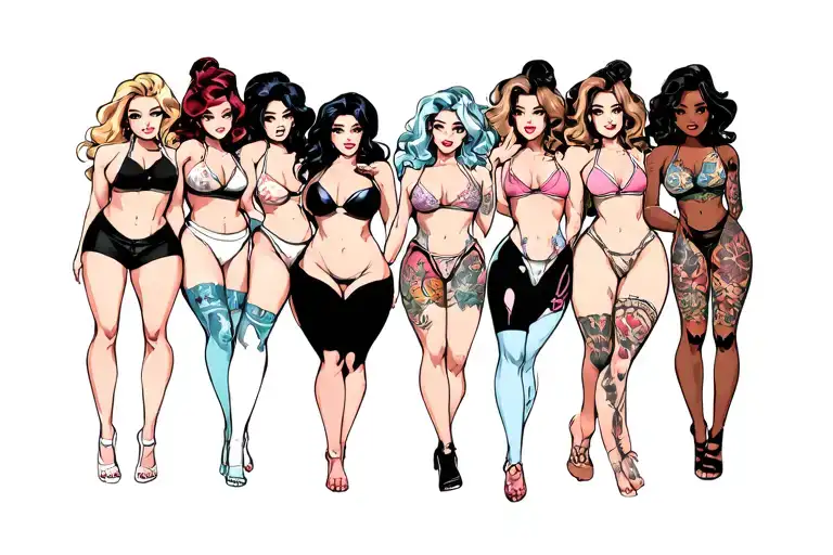 Leg sleeve using 10 female, cartoon characters wearing intimate clothing tattoo design idea