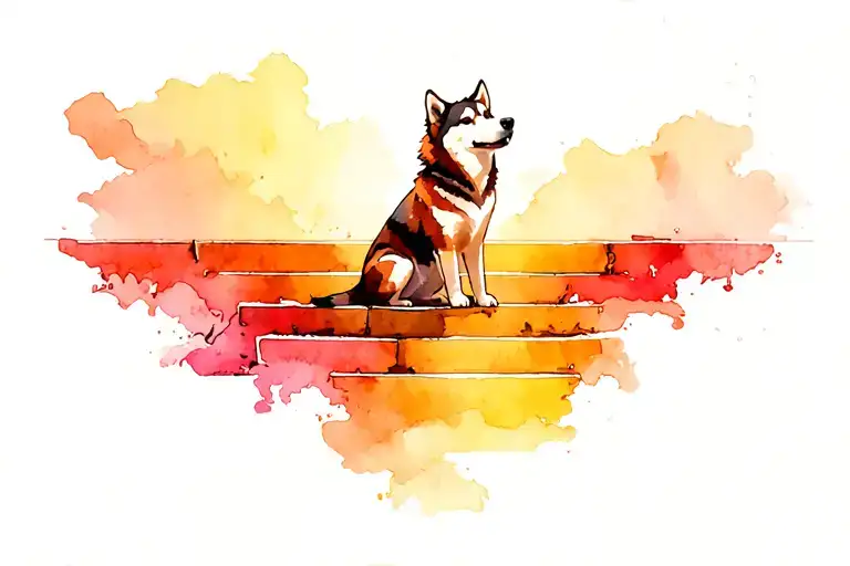 husky silloete sitting at the steps of the rainbow bridge looking back them one last time  tattoo design idea