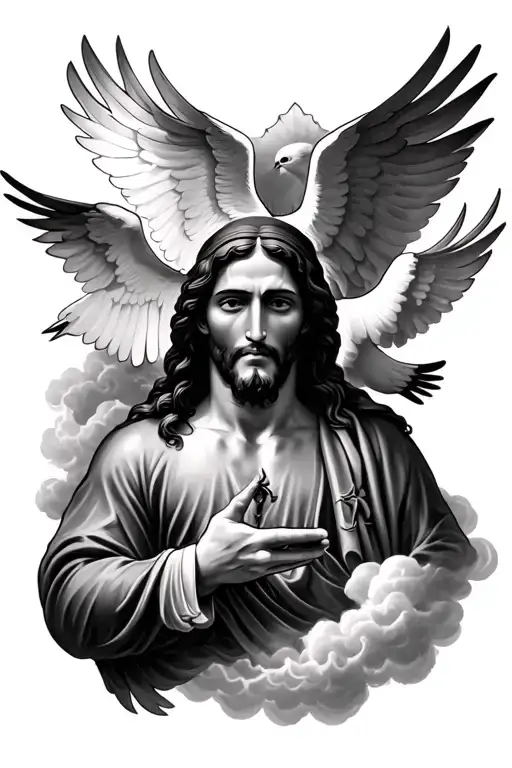 realism Tattoo of Jesus clouds dove and cloc with meaning a new beginnings  tattoo design idea