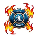 A firefighter's Maltese cross with flames behind it tattoo design idea