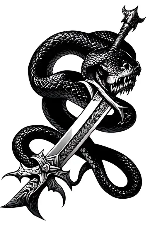 cross sword of mikheal with head of evil snake tattoo design idea