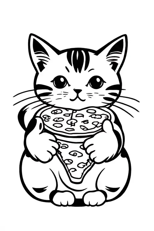 Cute cat eats pizza holding her paws connected tattoo design idea